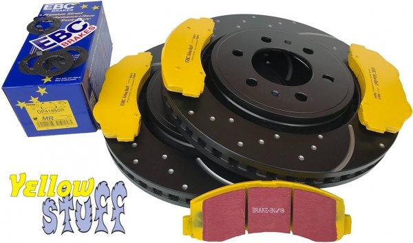 Przednie klocki YellowStuff + NAWIERCANE NACINANE tarcze hamulcowe EBC seria GD Ford F-150 2010-