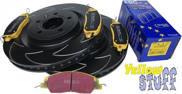 Przednie klocki YellowStuff + NACINANE tarcze hamulcowe 336mm EBC seria BSD Ford Mustang 2011-2014