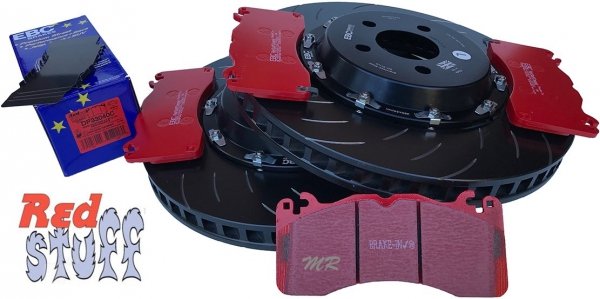 Przednie CERAMICZNE klocki RedStuff + SPORTOWE PŁYWAJĄCE tarcze EBC seria SG Racing Ford Mustang 5,0 V8 2015-