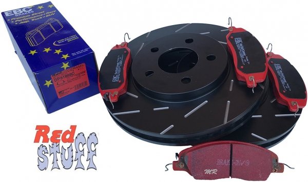 Przednie CERAMICZNE klocki RedStuff + NACINANE tarcze hamulcowe 293mm EBC serii USR Ford Mustang 2005-2010