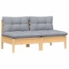 2-osobowa sofa ogrodowa z szarymi poduszkami, drewno sosnowe