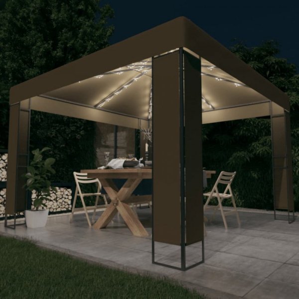 Altana z podwójnym dachem i sznurem lampek LED 3x3x2,7 m, taupe