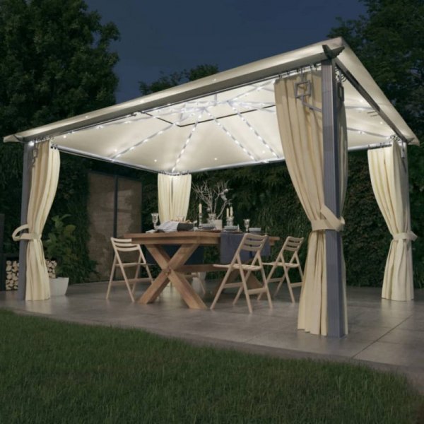 Altana z zasłonami i lampkami LED, 4x3 m, kremowa, aluminium