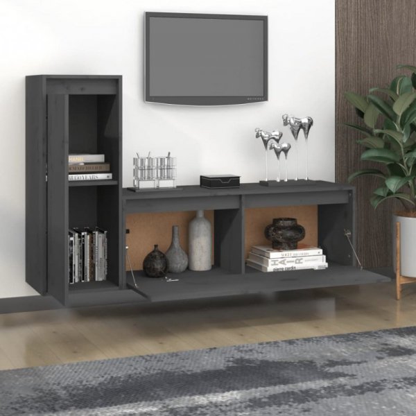 Szafki pod TV, 2 szt., szare, lite drewno sosnowe
