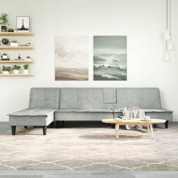 Sofa rozkładana L, jasnoszara, 255x140x70 cm, aksamit