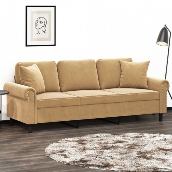3-osobowa sofa z poduszkami, brązowa, 180 cm, aksamit