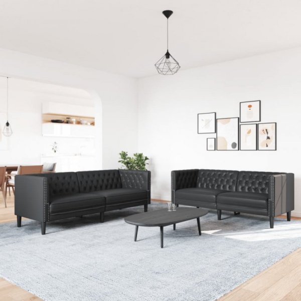 2-cz. zestaw wypoczynkowy Chesterfield, czarny, sztuczna skóra
