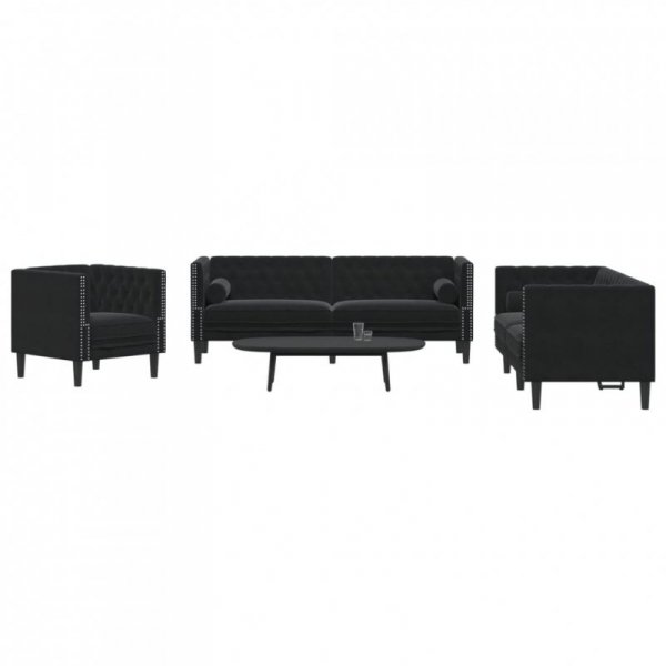 3-cz. wypoczynek Chesterfield z wałkami, czarny, aksamit