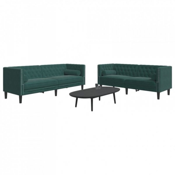 2-cz. wypoczynek Chesterfield z wałkami, ciemnozielony, aksamit