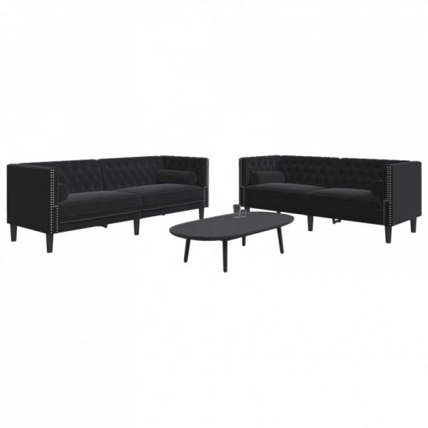 2-cz. wypoczynek Chesterfield z wałkami, czarny, aksamit