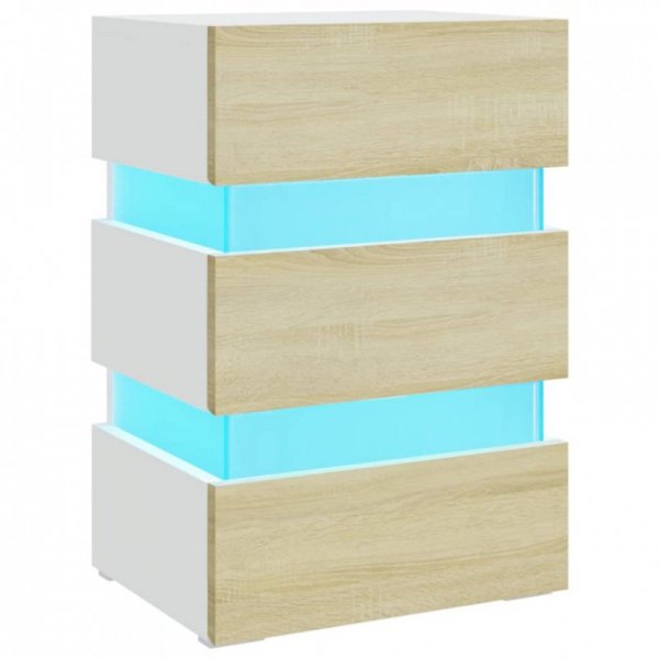 Szafka nocna z LED, biel i dąb sonoma, 45x35x67 cm