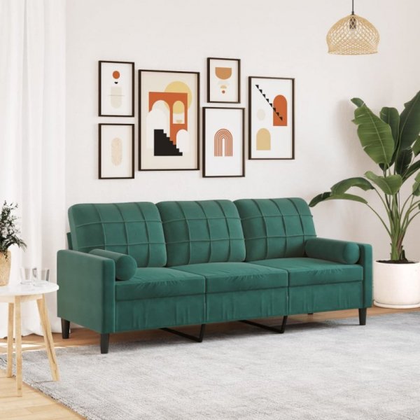 3-osobowa sofa z poduszkami, ciemnozielona, 180 cm, aksamit