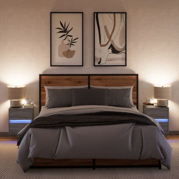 Wiszące szafki nocne z LED, 2 szt., szary dąb sonoma