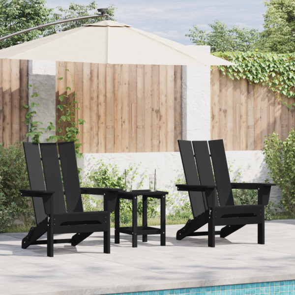 Zestaw 3 częściowy mebli ogrodowych  czarny HDPE, Składane krzesło Adirondack  czarne 74.5x80.5x90 cm HDPE, Stolik boczny Adirondack  czarny 38x38x45 cm HDPE