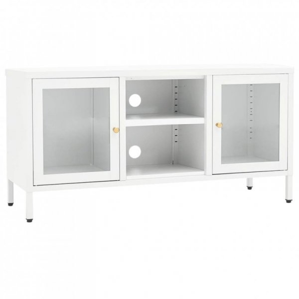 Szafka pod telewizor, biała, 105x35x52 cm, stal i szkło