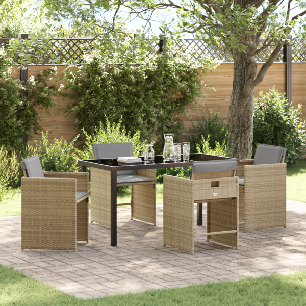 Zestaw do jedzenia w ogrodzie 5-częściowy z poduszkami Beżowy Poli Rattan,  Stół ogrodowy Czarny 140x80x73 cm Szkło hartowane