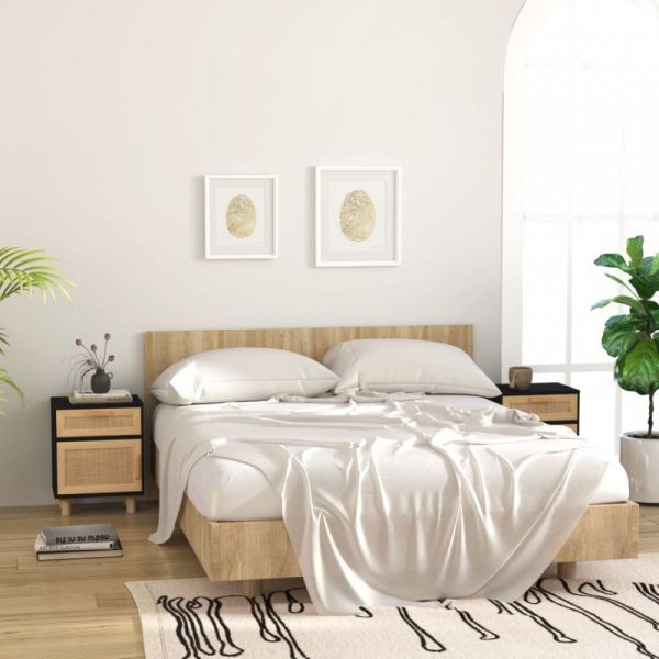 Szafka nocna, czarna, lite drewno sosnowe i naturalny rattan