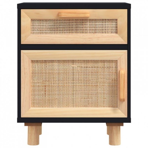 Szafka nocna, czarna, lite drewno sosnowe i naturalny rattan