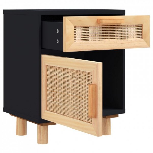 Szafka nocna, czarna, lite drewno sosnowe i naturalny rattan
