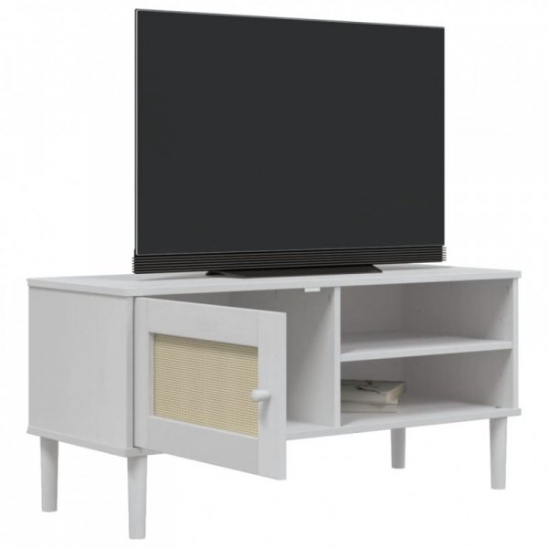 Szafka TV SENJA, z plecionką, biała, 106x40x49 cm, sosnowa