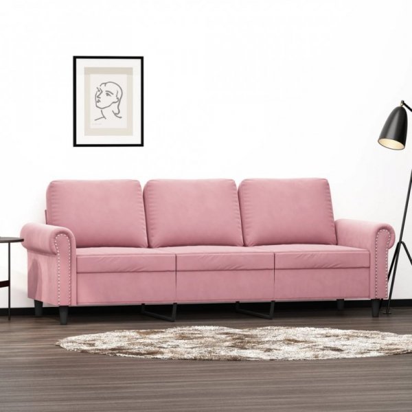 Sofa 3-osobowa, różowa, 180 cm, obita aksamitem