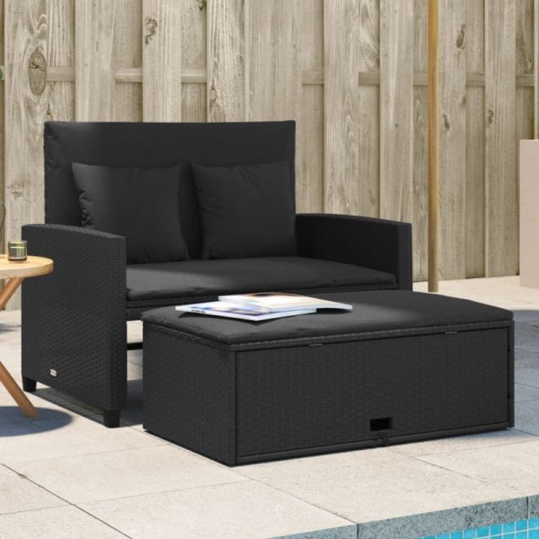 Sofa ogrodowa z poduszkami, 2-osobowa, czarna, polirattan