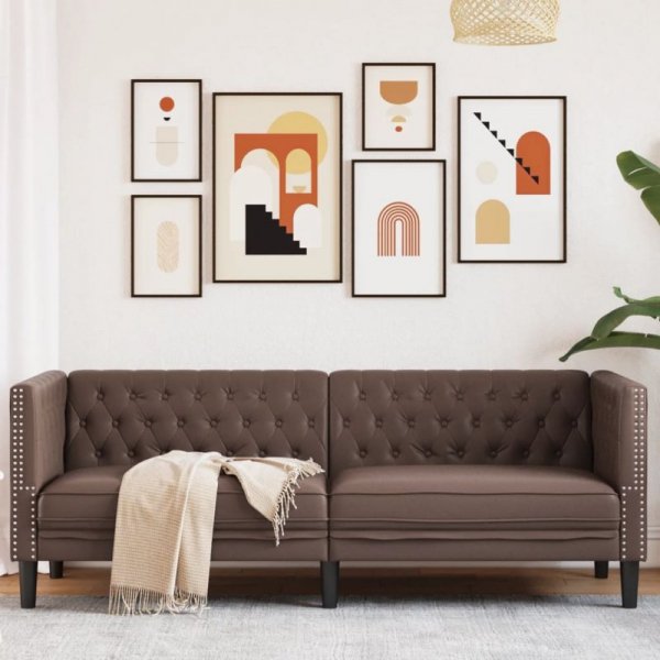 Sofa Chesterfield, 3-os., brązowa, tapicerowana sztuczną skórą