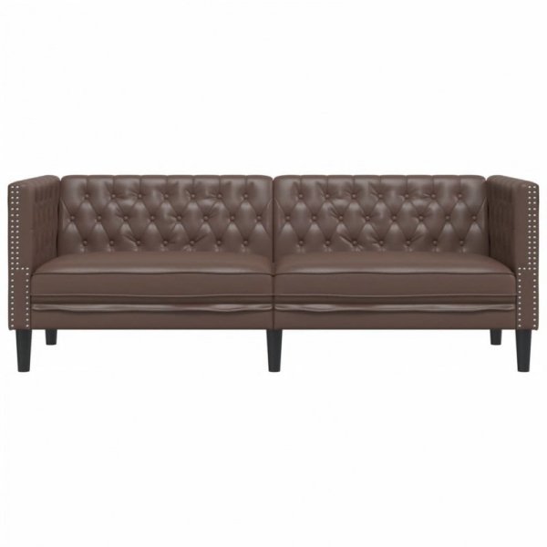 Sofa Chesterfield, 3-os., brązowa, tapicerowana sztuczną skórą