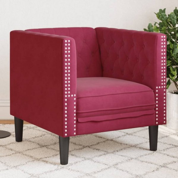 Fotel Chesterfield, winna czerwień, tapicerowany aksamitem