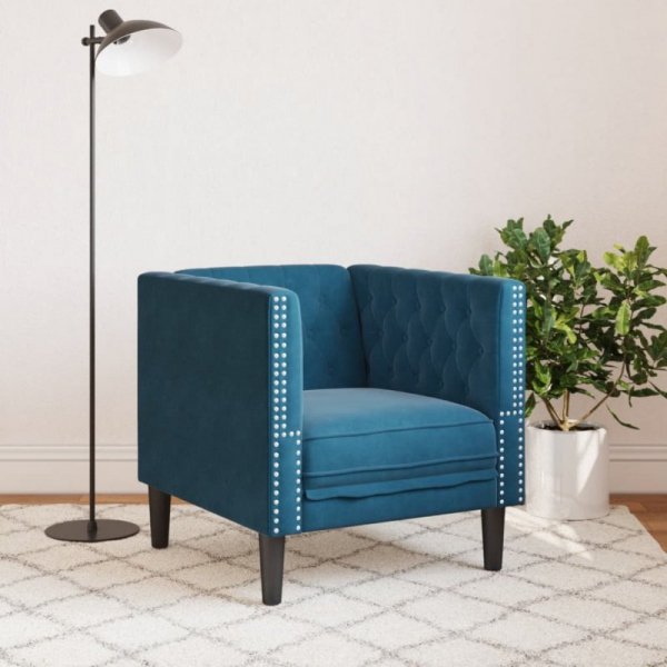Fotel Chesterfield, niebieski, tapicerowany aksamitem