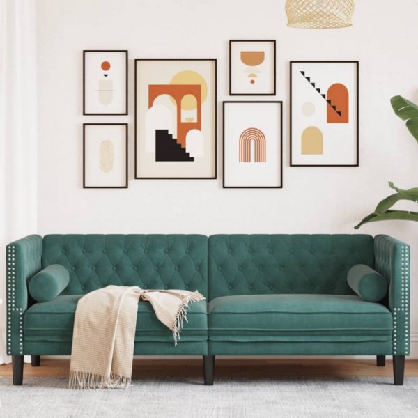 Sofa Chesterfield z wałkami, 3-osobowa, ciemnozielona, aksamit