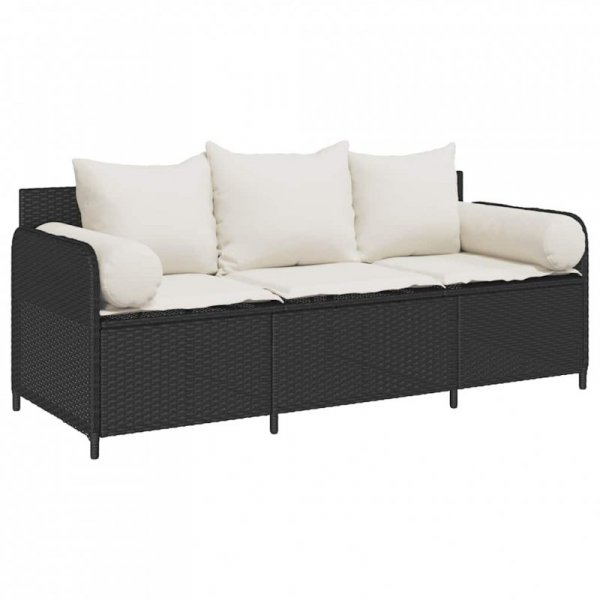 Sofa ogrodowa z poduszkami, 3-osobowa, czarna, polirattan