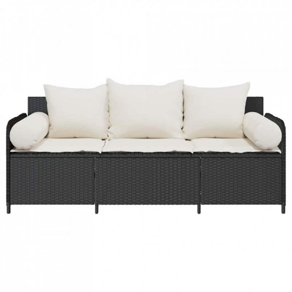 Sofa ogrodowa z poduszkami, 3-osobowa, czarna, polirattan