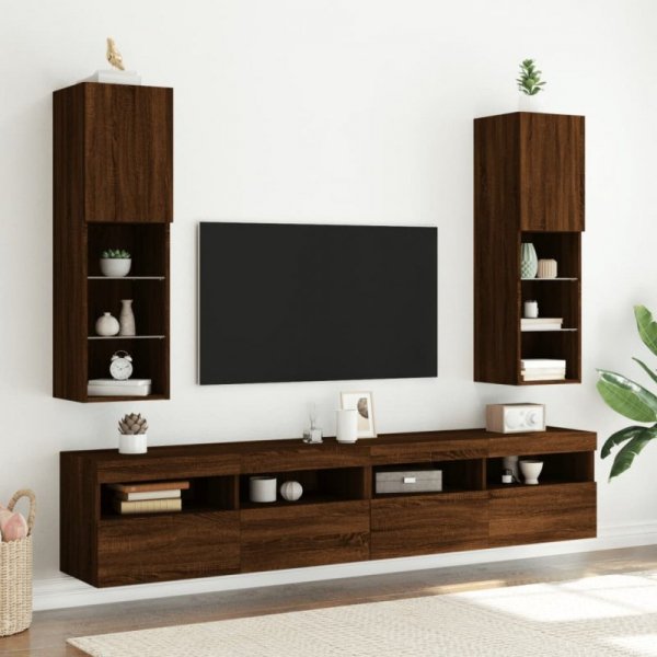Szafki TV, z LED, 2 szt., brązowy dąb, 30,5x30x102 cm