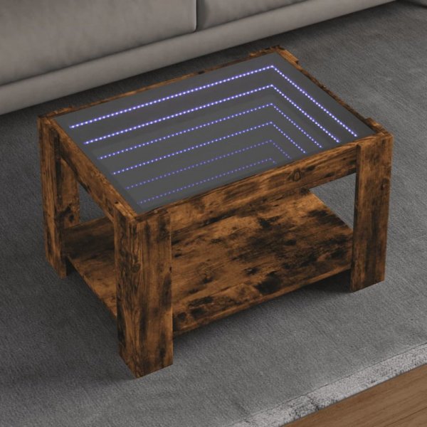 Stolik kawowy z LED, opalany dąb, 73x53x45 cm