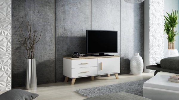 Komoda RTV LOTAR 120 biel brylantowa / dąb sonoma