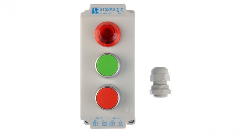 Kaseta sterownicza 3-otworowa z przyciskami zielony/czerwony + lampka sygnalizacyjna IP65 ST22K305-1 spamel 5907723015630