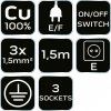 Przedłużacz listwowy 1.5m, 3x1.5mm2, 3G, biały, ON/OFF
