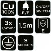 Przedłużacz listwowy 1.5m, 3x1.5mm2, 3G, czarny, ON/OFF