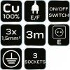 Przedłużacz listwowy 3m, 3x1.5mm2, 3G, czarny, ON/OFF