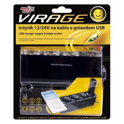 TRÓJNIK 12/24V NA KABLU Z GNIAZDEM USB (1 SZT)