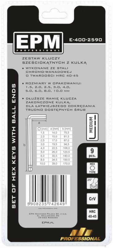 KOMPLET KLUCZY IMBUSOWY &#039;&#039;HEX&#039;&#039; TYP L 9SZT Z KULKĄ ŚREDNIE (1 KPL)