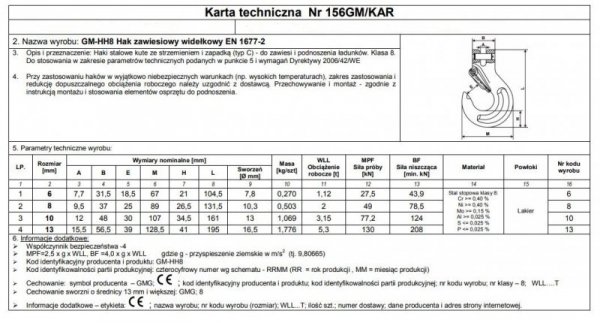 HAK ZAWIESIOWY WIDEŁKOWY Z ZABEZPIECZENIEM G8 13MM WLL5.3T (1 SZT)