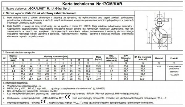 HAK Z ZABEZPIECZENIEM OBROTOWY 1000KG GM-HO (1 SZT)