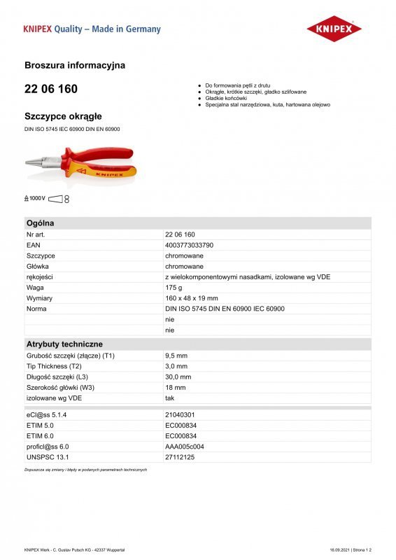 SZCZYPCE OKRĄGŁE 1000V 160MM (1 SZT)