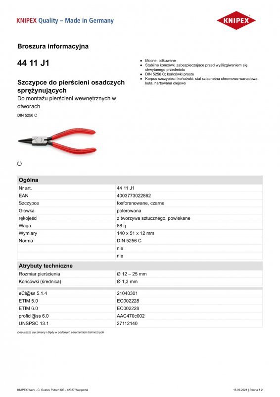 SZCZYPCE DO PIERŚCIENI SEGERA WEWNĘTRZNE PROST.140MM 12-25MM (1 SZT)