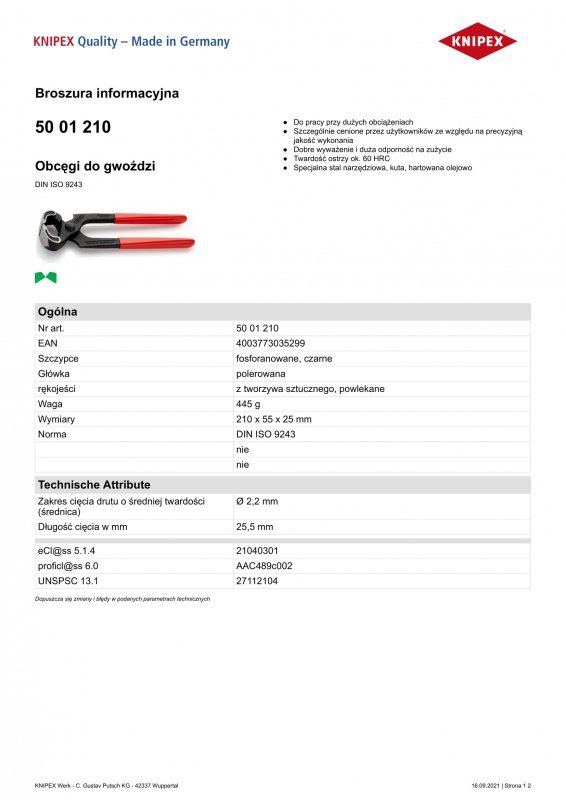 OBCĘGI DO GWOŹDZI 210MM (1 SZT)