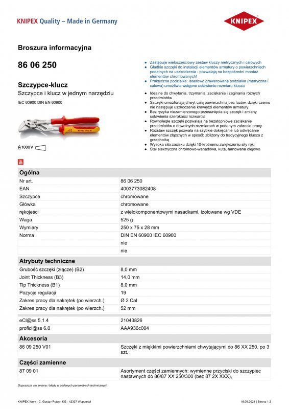 SZCZYPCE-KLUCZ 250MM VDE 1000V (1 SZT)