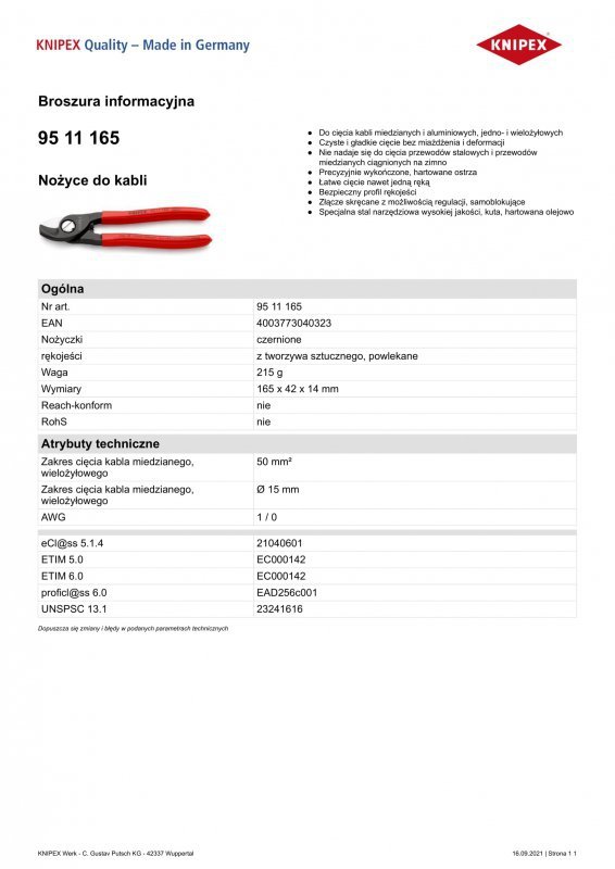 NOŻYCE DO KABLI 165MM (1 SZT)