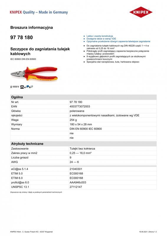 SZCZYPCE DO ZAGNIATANIA TULEJEK 180MM (1 SZT)
